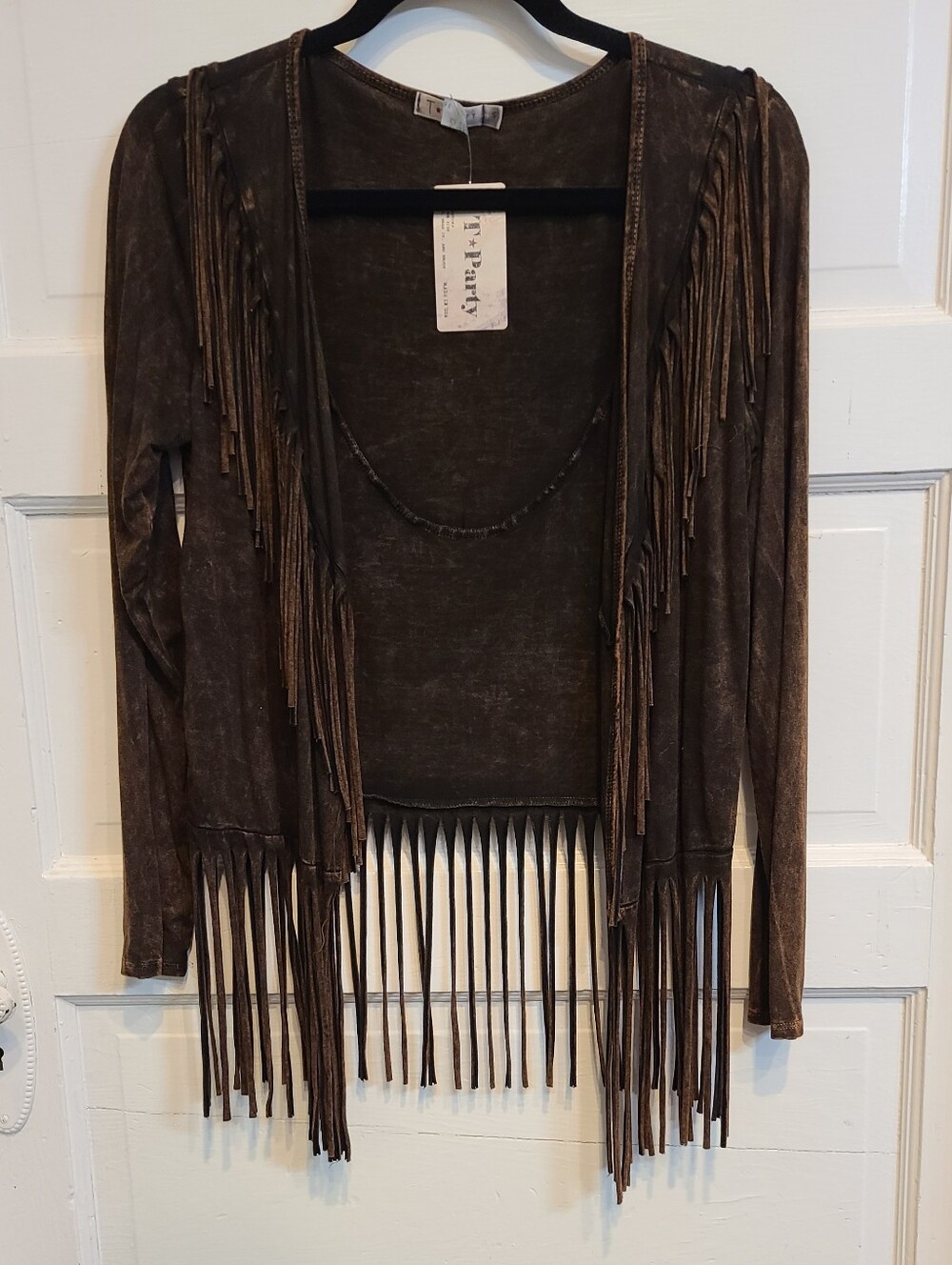 T Party Brown/ Black Fringe Open-Front Jacket